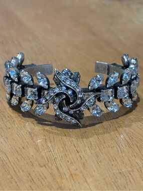 DANNIJO Swarovski crystal rhinestone silver plated floral large cuff bracelet